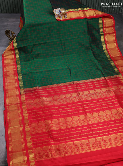 Silk cotton saree bottle green and red with allover thread checked pattern and paisley butta zari woven korvai border