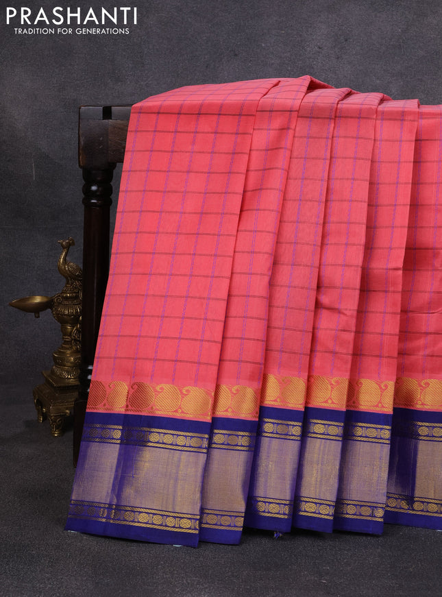 Silk cotton saree peach pink and navy blue with allover thread checked pattern and paisley butta zari woven korvai border