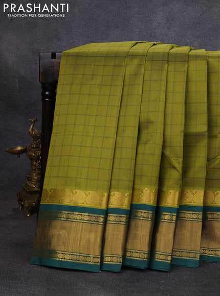 Silk cotton saree mehendi green and bottle green with allover thread checked pattern and paisley butta zari woven korvai border