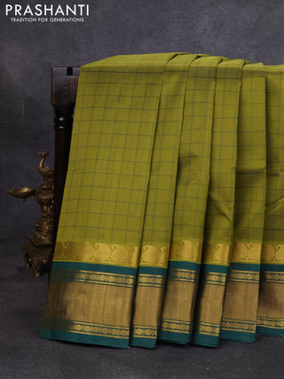 Silk cotton saree mehendi green and bottle green with allover thread checked pattern and paisley butta zari woven korvai border