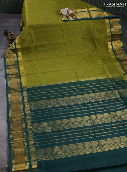 Silk cotton saree mehendi green and bottle green with allover thread checked pattern and paisley butta zari woven korvai border