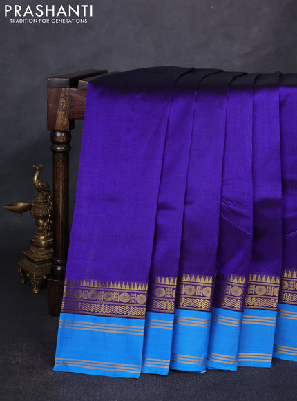 Silk cotton saree royal blue and cs blue with plain body and temple design rettapet zari woven korvai border