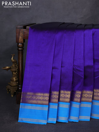 Silk cotton saree royal blue and cs blue with plain body and temple design rettapet zari woven korvai border