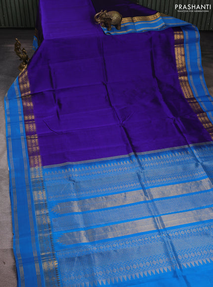 Silk cotton saree royal blue and cs blue with plain body and temple design rettapet zari woven korvai border