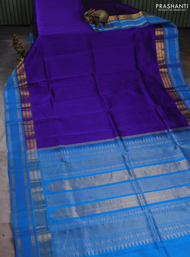 Silk cotton saree royal blue and cs blue with plain body and temple design rettapet zari woven korvai border