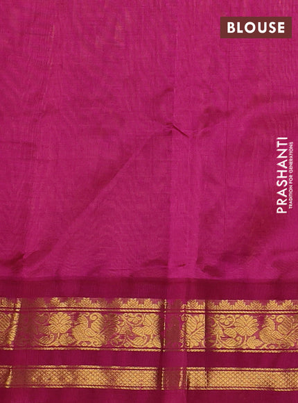 Silk cotton saree mango yellow and pink with plain body and temple design zari woven korvai border