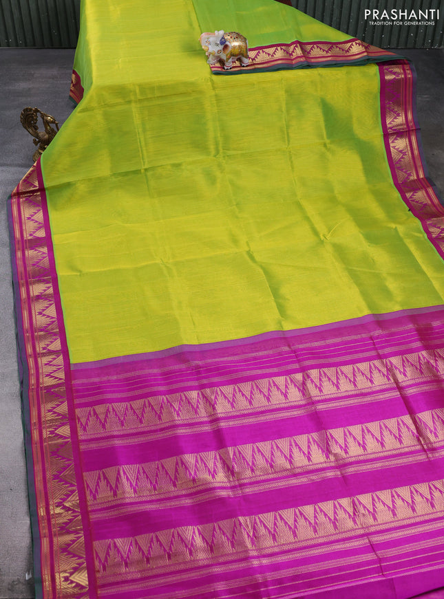 Silk cotton saree lime green and purple with plain body and temple design zari woven korvai border