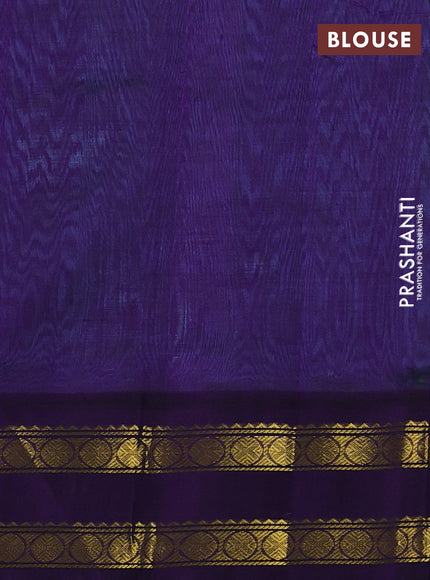 Silk cotton saree dual shade of teal green and violet with plain body and rettapet zari woven korvai border
