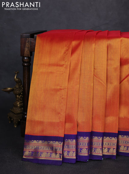 Silk cotton saree sunset orange and violet with plain body and temple design zari woven korvai border