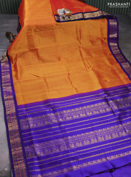 Silk cotton saree sunset orange and violet with plain body and temple design zari woven korvai border