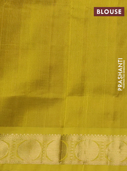 Silk cotton saree deep maroon and lime yellow with plain body and rudhraksha zari woven korvai border