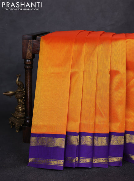 Silk cotton saree sunset orange and violet with plain body and rettapet zari woven korvai border