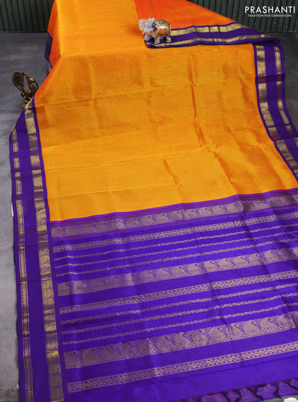 Silk cotton saree sunset orange and violet with plain body and rettapet zari woven korvai border