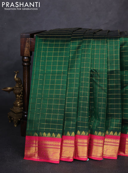 Silk cotton saree green and pink with allover zari checked pattern and zari woven korvai border