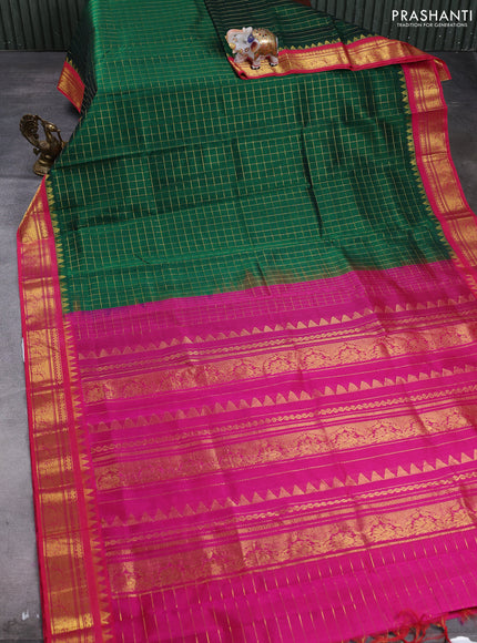 Silk cotton saree green and pink with allover zari checked pattern and zari woven korvai border
