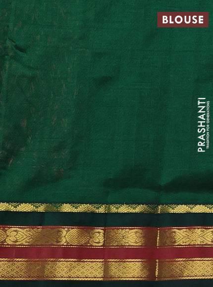 Silk cotton saree peach and bottle green with allover small zari checked pattern and zari woven korvai border