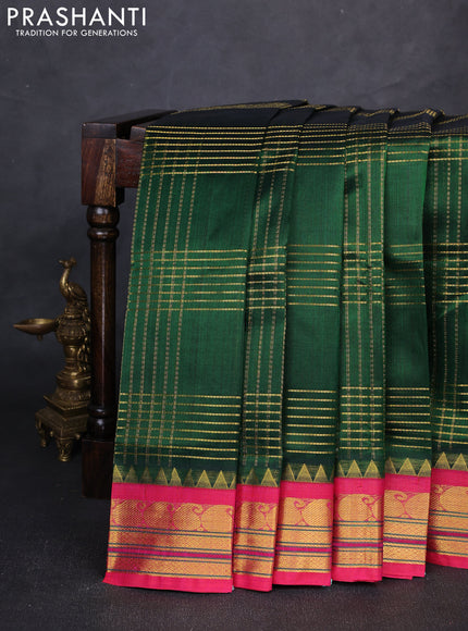 Silk cotton saree bottle green and pink with allover zari checked pattern and paisley zari woven korvai border