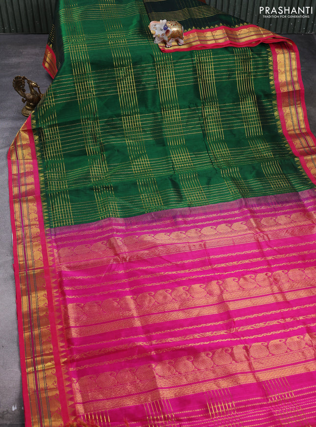 Silk cotton saree bottle green and pink with allover zari checked pattern and paisley zari woven korvai border