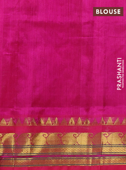 Silk cotton saree bottle green and pink with allover zari checked pattern and paisley zari woven korvai border