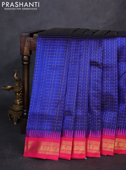 Silk cotton saree royal blue and pink with allover zari checks & laksha deepam buttas and temple design zari woven korvai border