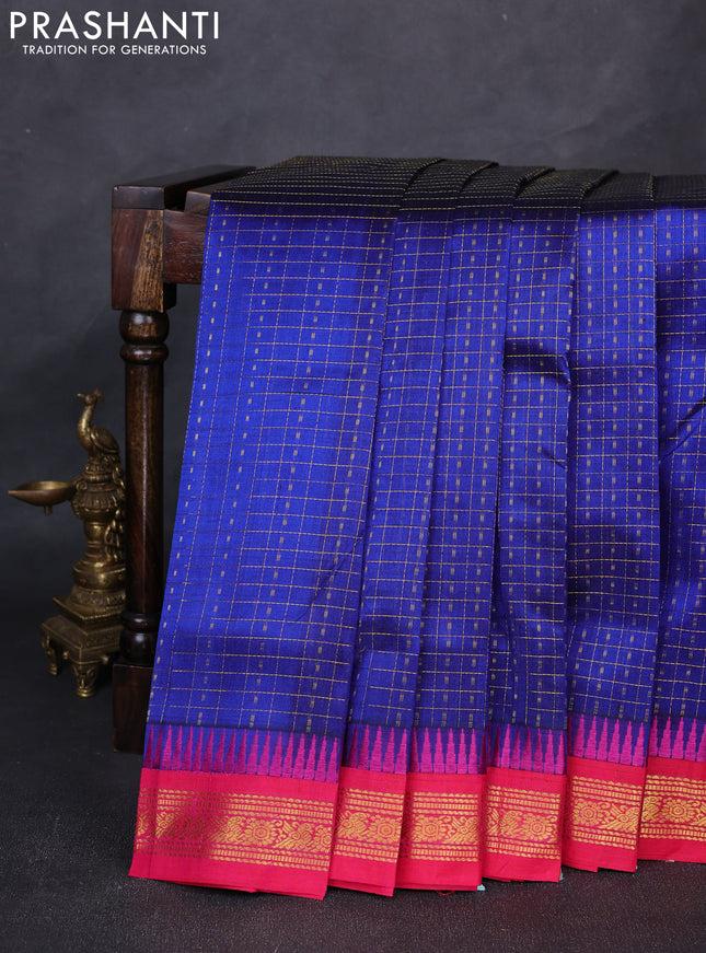 Silk cotton saree royal blue and pink with allover zari checks & laksha deepam buttas and temple design zari woven korvai border