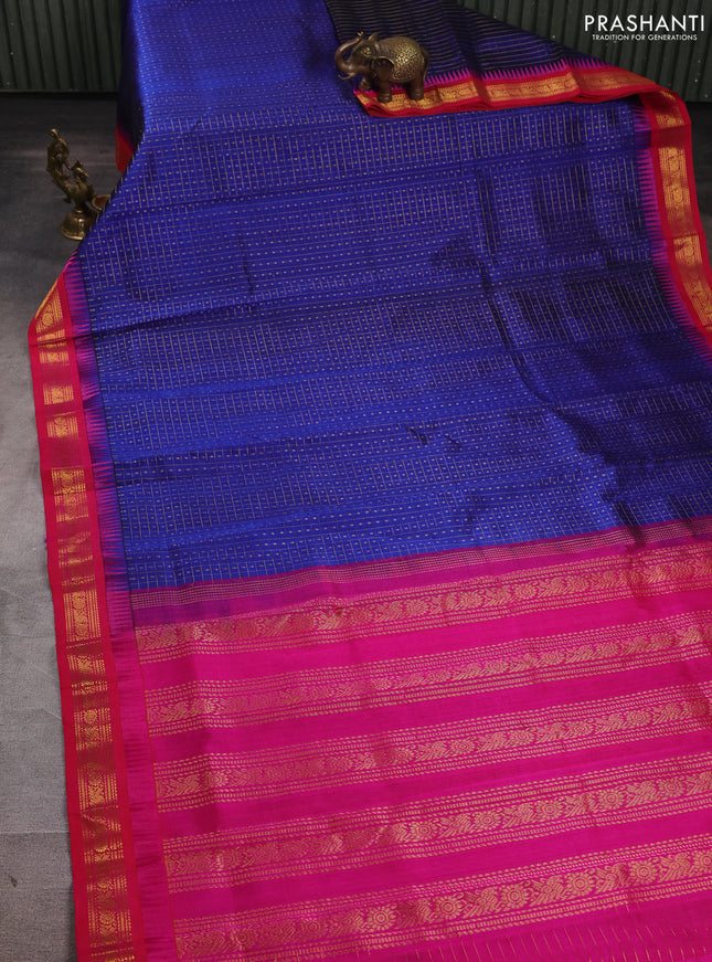 Silk cotton saree royal blue and pink with allover zari checks & laksha deepam buttas and temple design zari woven korvai border