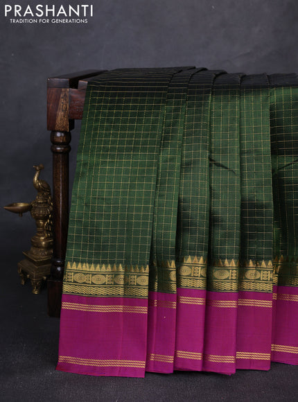 Silk cotton saree bottle green and purple with allover zari checked pattern and temple design rettapet zari woven korvai border