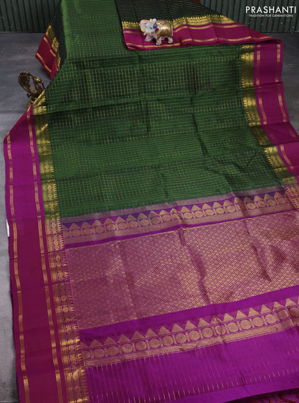 Silk cotton saree bottle green and purple with allover zari checked pattern and temple design rettapet zari woven korvai border