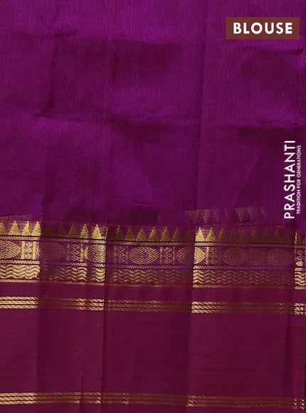 Silk cotton saree bottle green and purple with allover zari checked pattern and temple design rettapet zari woven korvai border