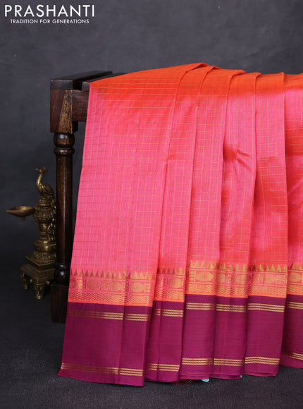 Silk cotton saree peach pink and purple with allover zari checked pattern and temple design rettapet zari woven korvai border