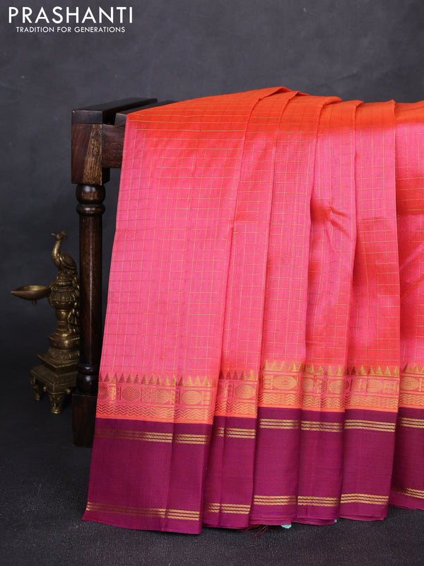 Silk cotton saree peach pink and purple with allover zari checked pattern and temple design rettapet zari woven korvai border