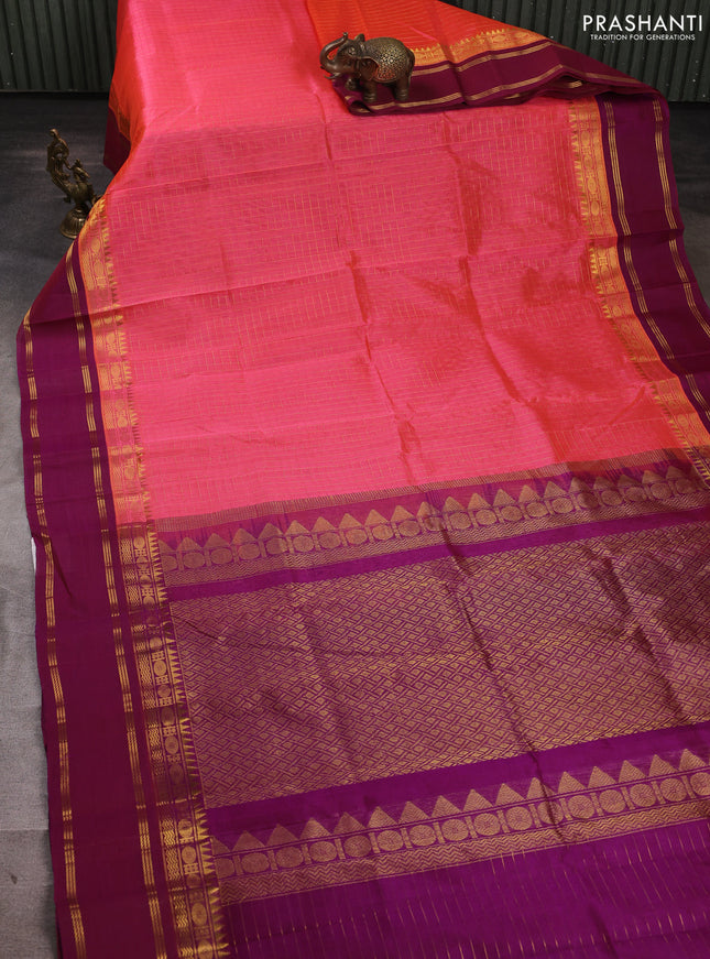 Silk cotton saree peach pink and purple with allover zari checked pattern and temple design rettapet zari woven korvai border