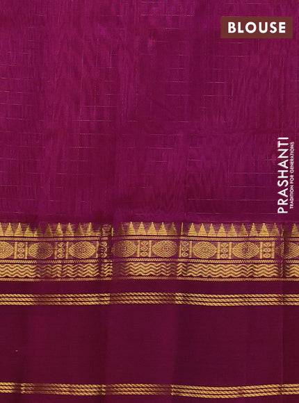 Silk cotton saree peach pink and purple with allover zari checked pattern and temple design rettapet zari woven korvai border