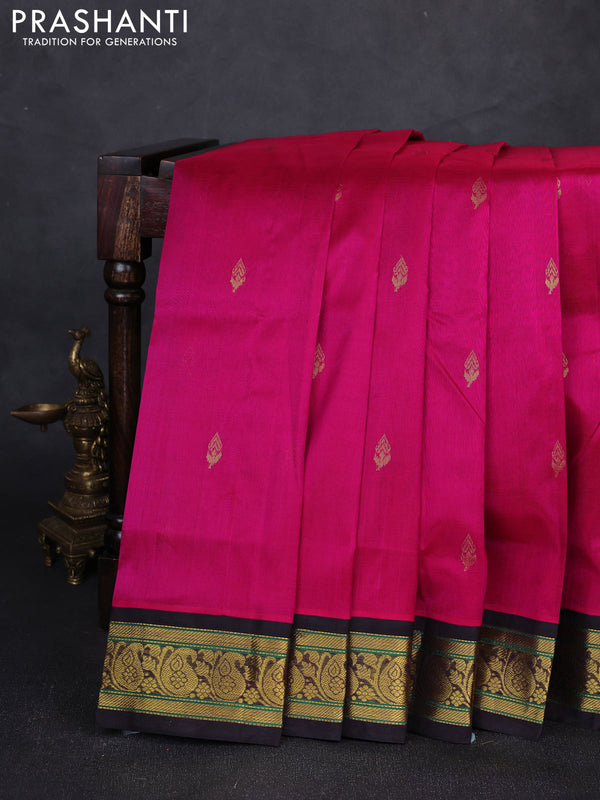 Silk cotton saree pink and deep wine with allover zari woven buttas and paisley zari woven korvai border