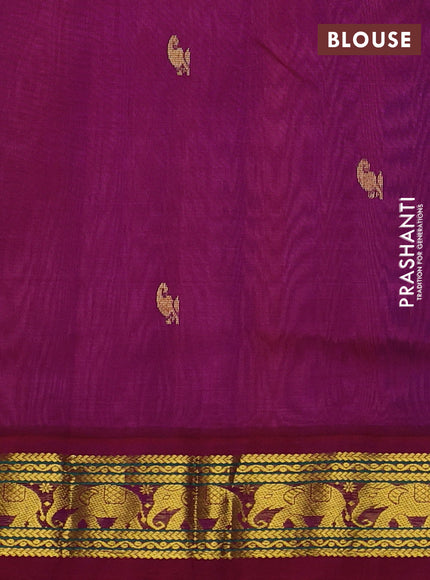 Silk cotton saree dark peach and purple with allover paisley zari woven buttas and zari woven elephant korvai border