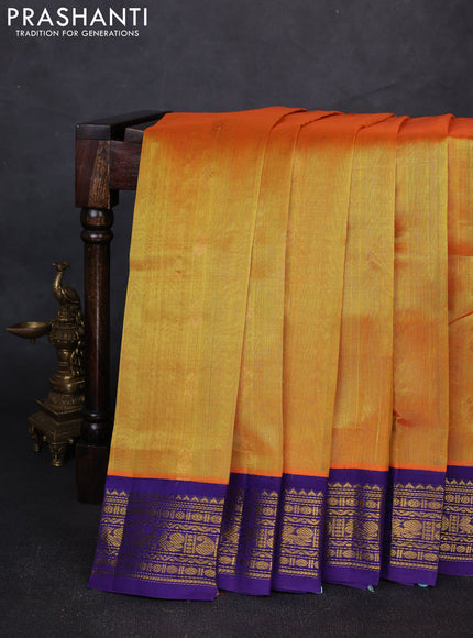 Silk cotton saree sunset orange and violet with allover zari woven buttas and zari woven korvai border