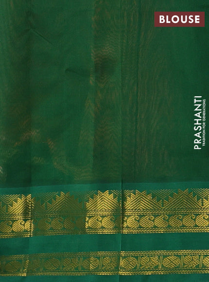Silk cotton saree pale orange and green with allover paisley zari woven buttas and temple design rettapet zari woven korvai border