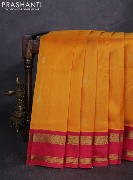Silk cotton saree mango yellow and red with allover paisley zari woven buttas and rettapet zari woven korvai border