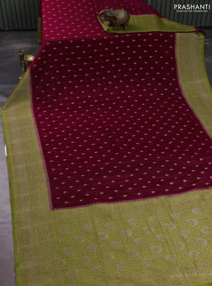 Banarasi semi crepe saree deep wine and light green with allover thread & zari woven buttas and woven border