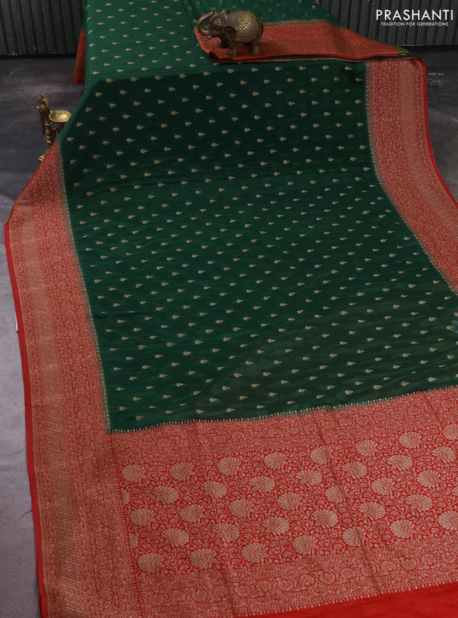 Banarasi semi crepe saree green and maroon with allover thread & zari woven buttas and woven border