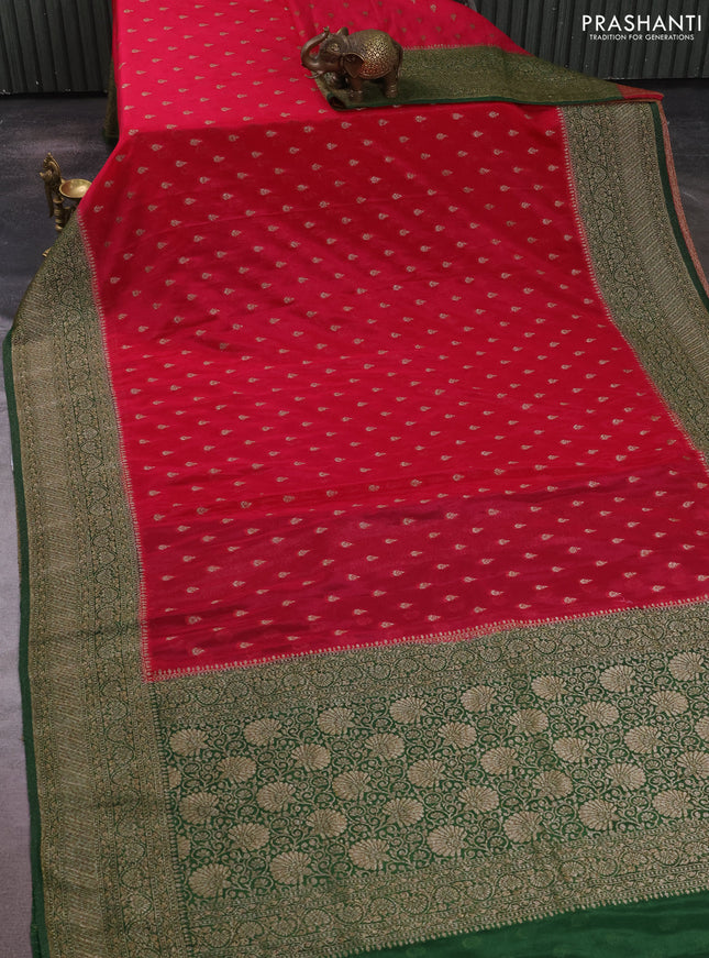 Banarasi semi crepe saree pink and green with allover thread & zari woven buttas and woven border