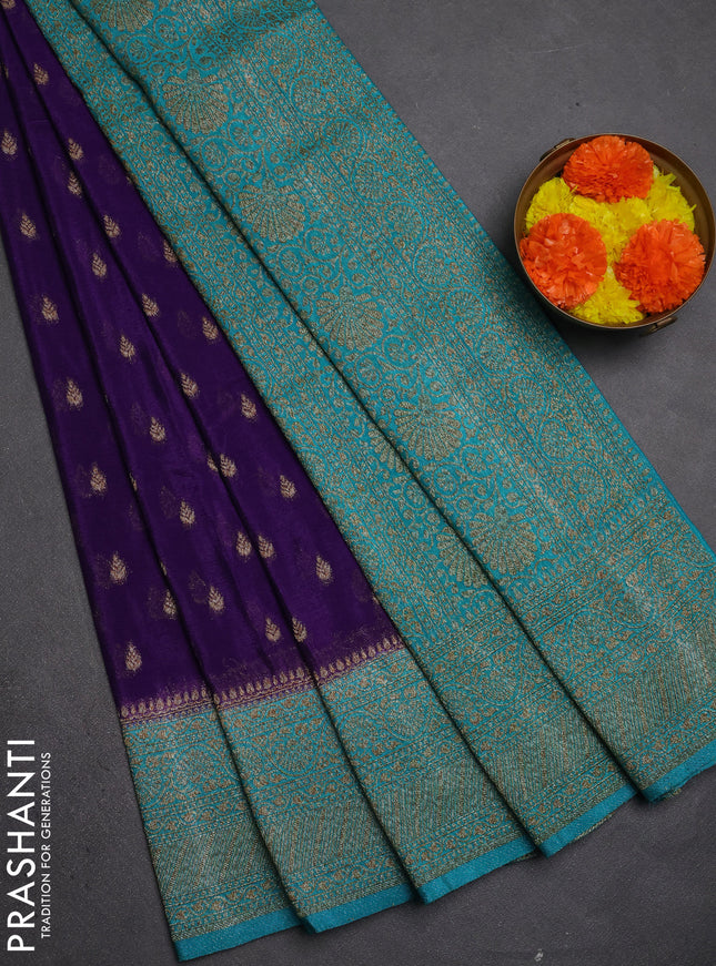 Banarasi semi crepe saree violet and teal green with allover thread & zari woven buttas and woven border