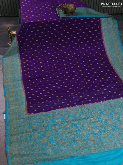 Banarasi semi crepe saree violet and teal green with allover thread & zari woven buttas and woven border