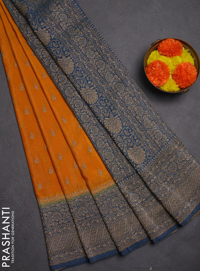 Banarasi semi crepe saree mango yellow and peacock blue with allover thread & zari woven buttas and woven border