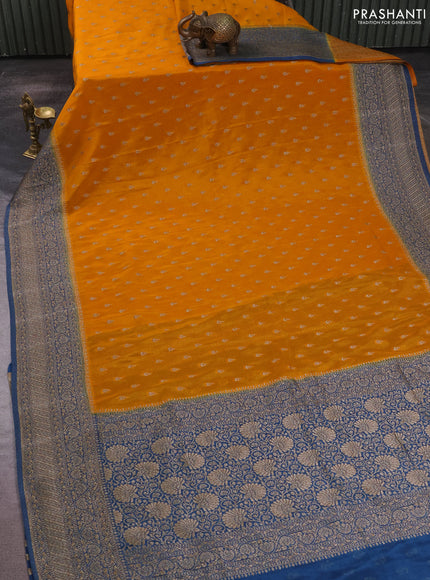 Banarasi semi crepe saree mango yellow and peacock blue with allover thread & zari woven buttas and woven border
