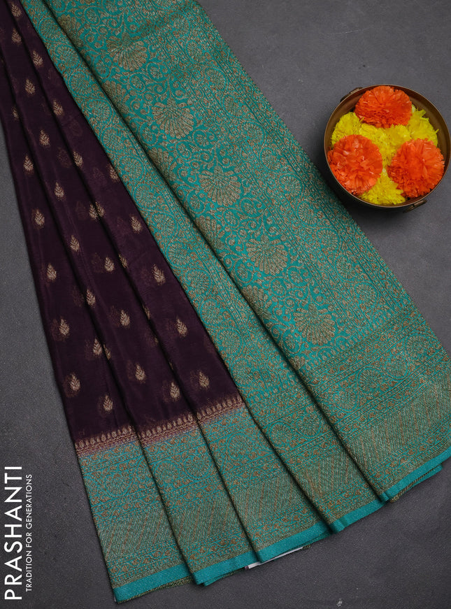 Banarasi semi crepe saree wine shade and teal green with allover thread & zari woven buttas and woven border