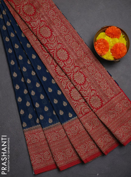 Banarasi semi crepe saree peacock blue and maroon with allover thread & zari woven buttas and woven border