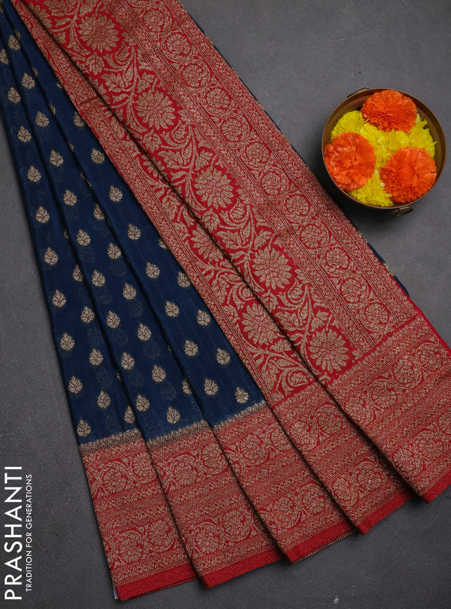 Banarasi semi crepe saree peacock blue and maroon with allover thread & zari woven buttas and woven border