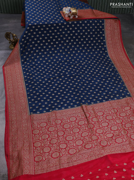 Banarasi semi crepe saree peacock blue and maroon with allover thread & zari woven buttas and woven border