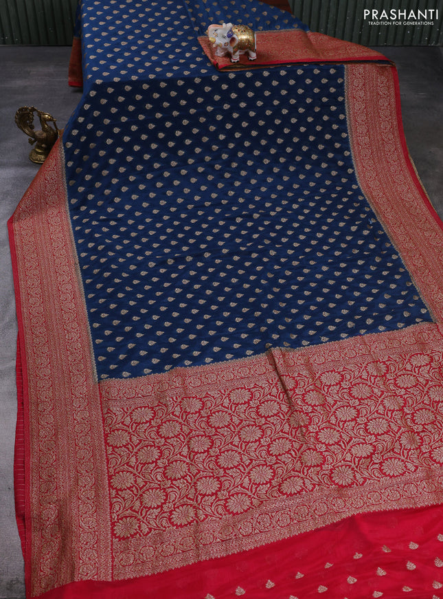 Banarasi semi crepe saree peacock blue and maroon with allover thread & zari woven buttas and woven border